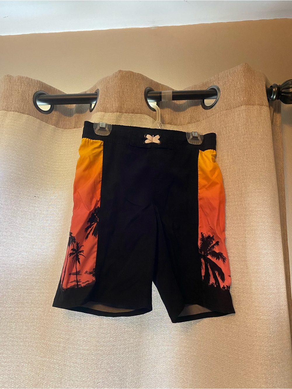 Old Navy Kids Black/Orange Swim Trunks with Sunset & Palm Tree, Size M (8)!!